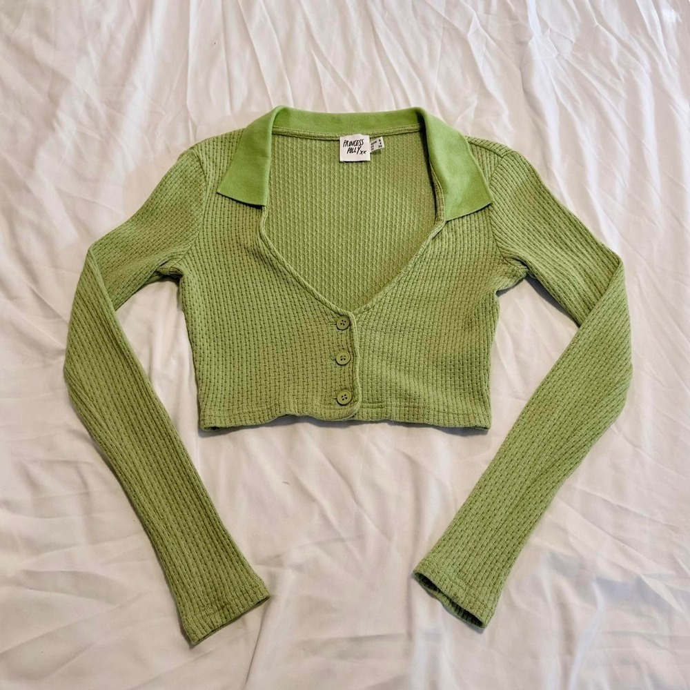 Princess Polly Womens Green Cropped Knit Cardigan Collared Button Front Size 4